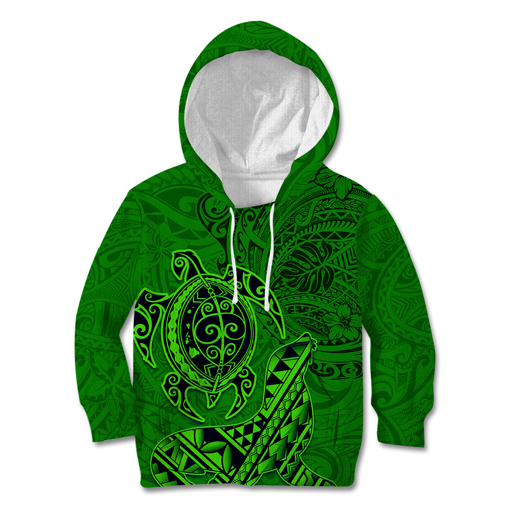 Hawaii Monk Seal and Dolphin Kid Hoodie Polynesian Kakau Pattern Green