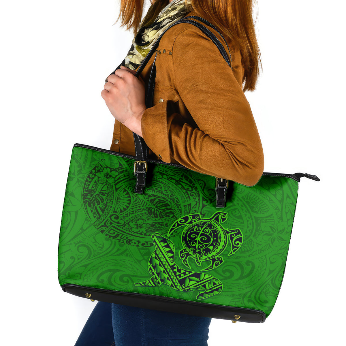 Hawaii Monk Seal and Dolphin Leather Tote Bag Polynesian Kakau Pattern Green LT03 Green - Polynesian Pride