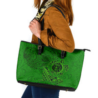 Hawaii Monk Seal and Dolphin Leather Tote Bag Polynesian Kakau Pattern Green LT03 Green - Polynesian Pride