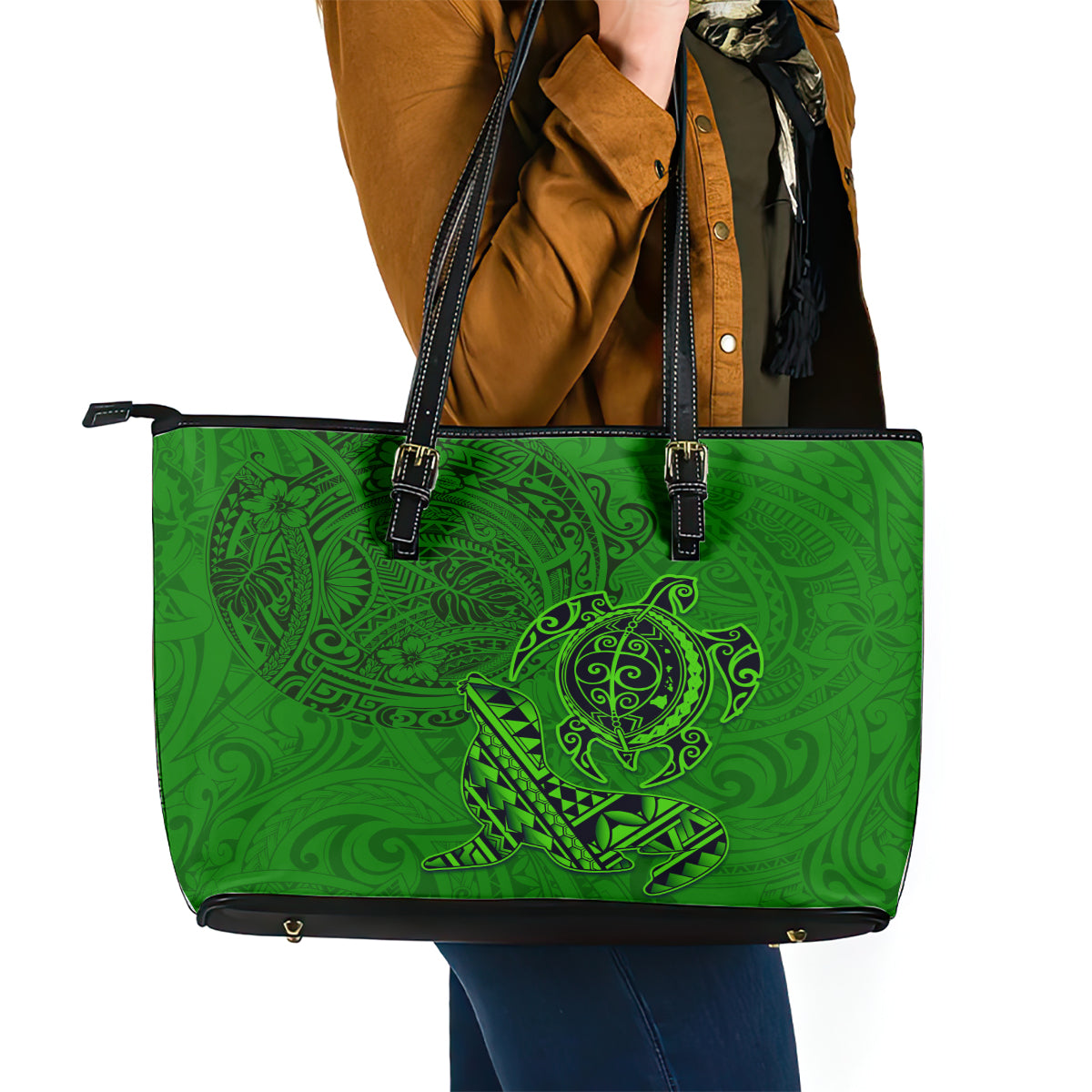 Hawaii Monk Seal and Dolphin Leather Tote Bag Polynesian Kakau Pattern Green LT03 - Polynesian Pride