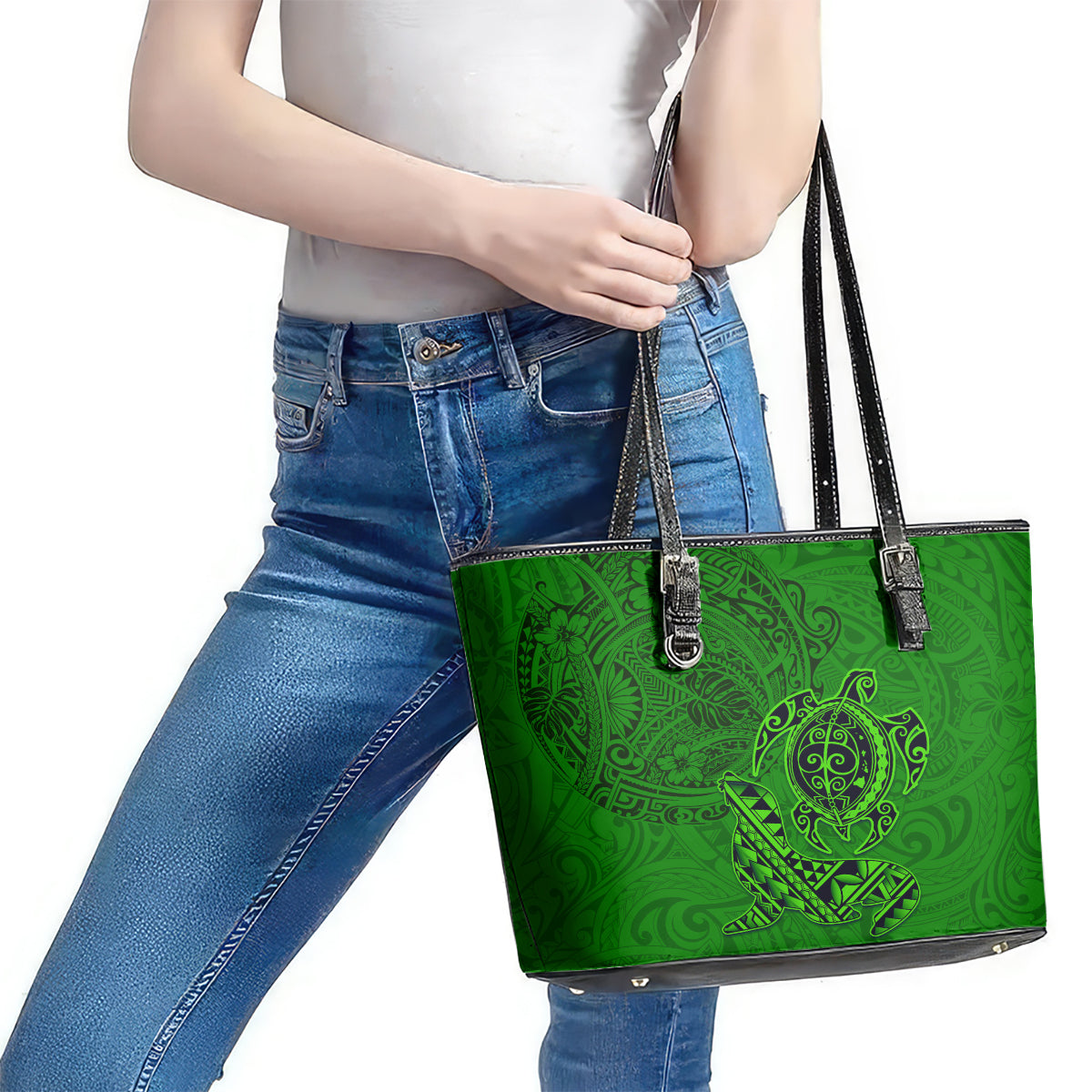 Hawaii Monk Seal and Dolphin Leather Tote Bag Polynesian Kakau Pattern Green LT03 - Polynesian Pride