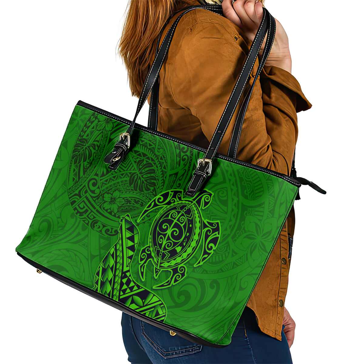 Hawaii Monk Seal and Dolphin Leather Tote Bag Polynesian Kakau Pattern Green LT03 - Polynesian Pride