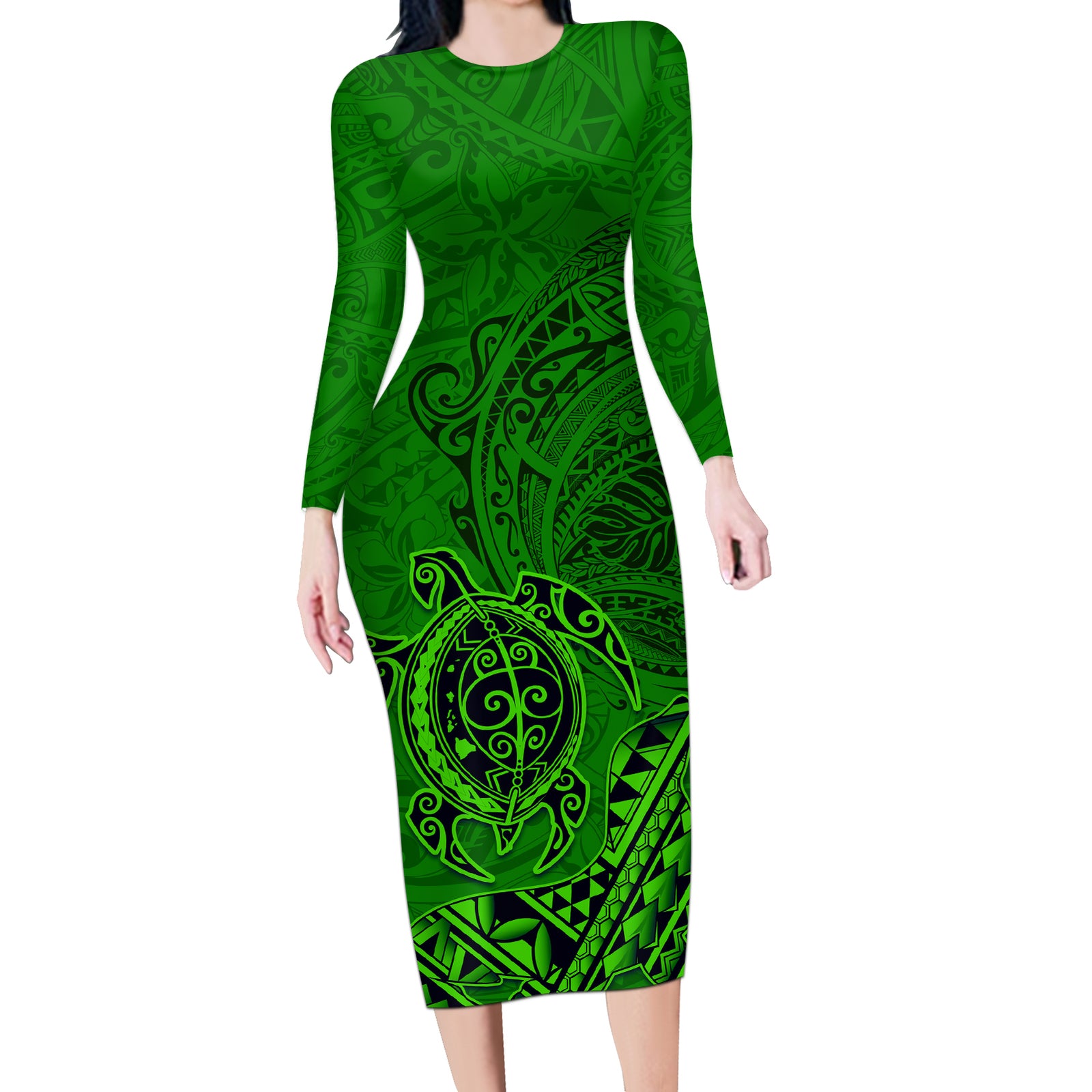 Hawaii Monk Seal and Dolphin Long Sleeve Bodycon Dress Polynesian Kakau Pattern Green