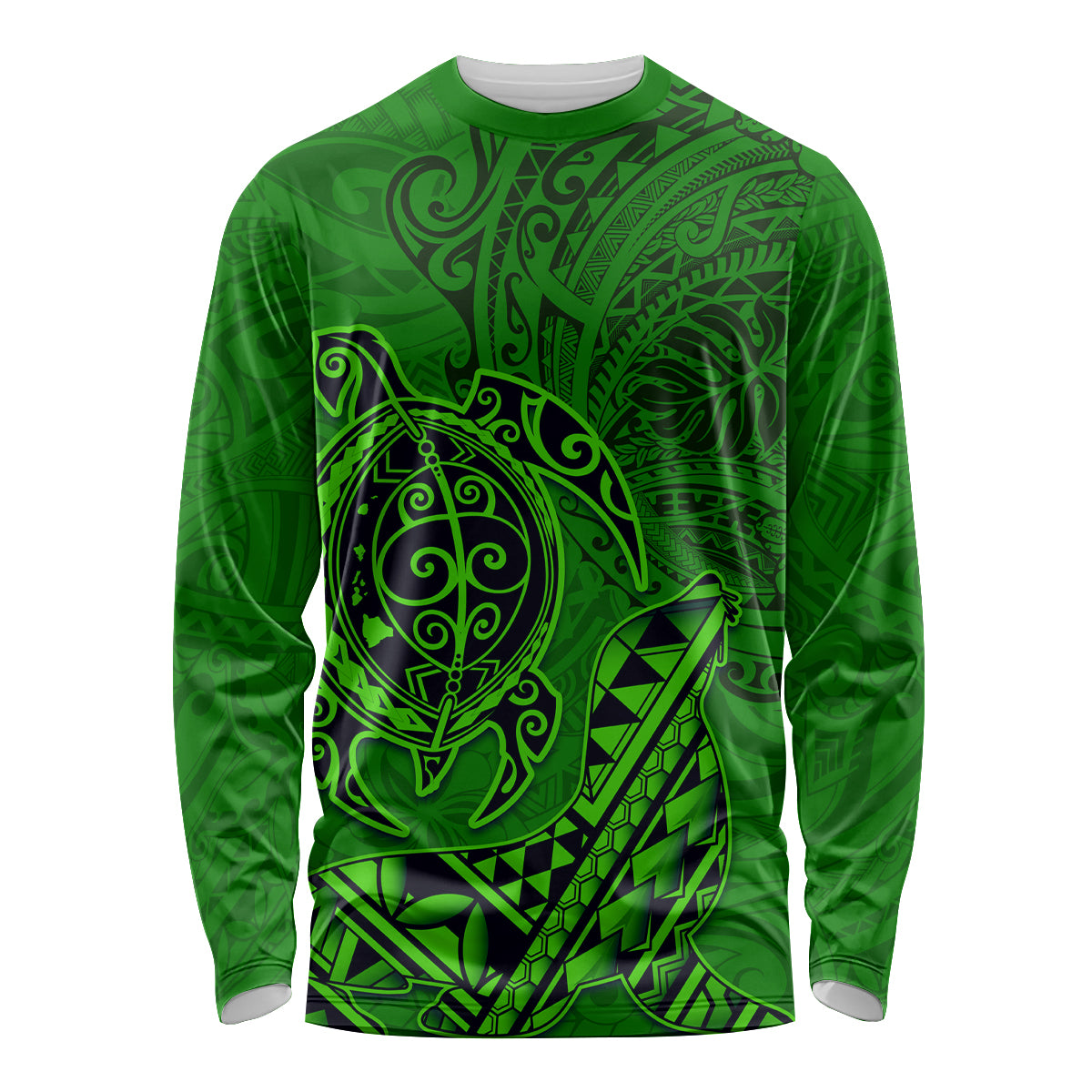 Hawaii Monk Seal and Dolphin Long Sleeve Shirt Polynesian Kakau Pattern Green