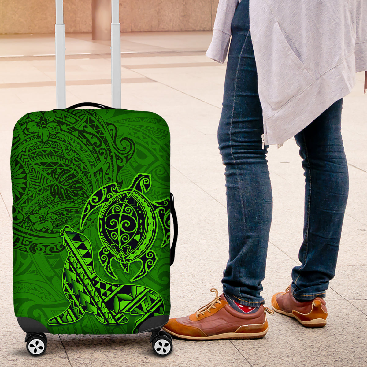 Hawaii Monk Seal and Dolphin Luggage Cover Polynesian Kakau Pattern Green