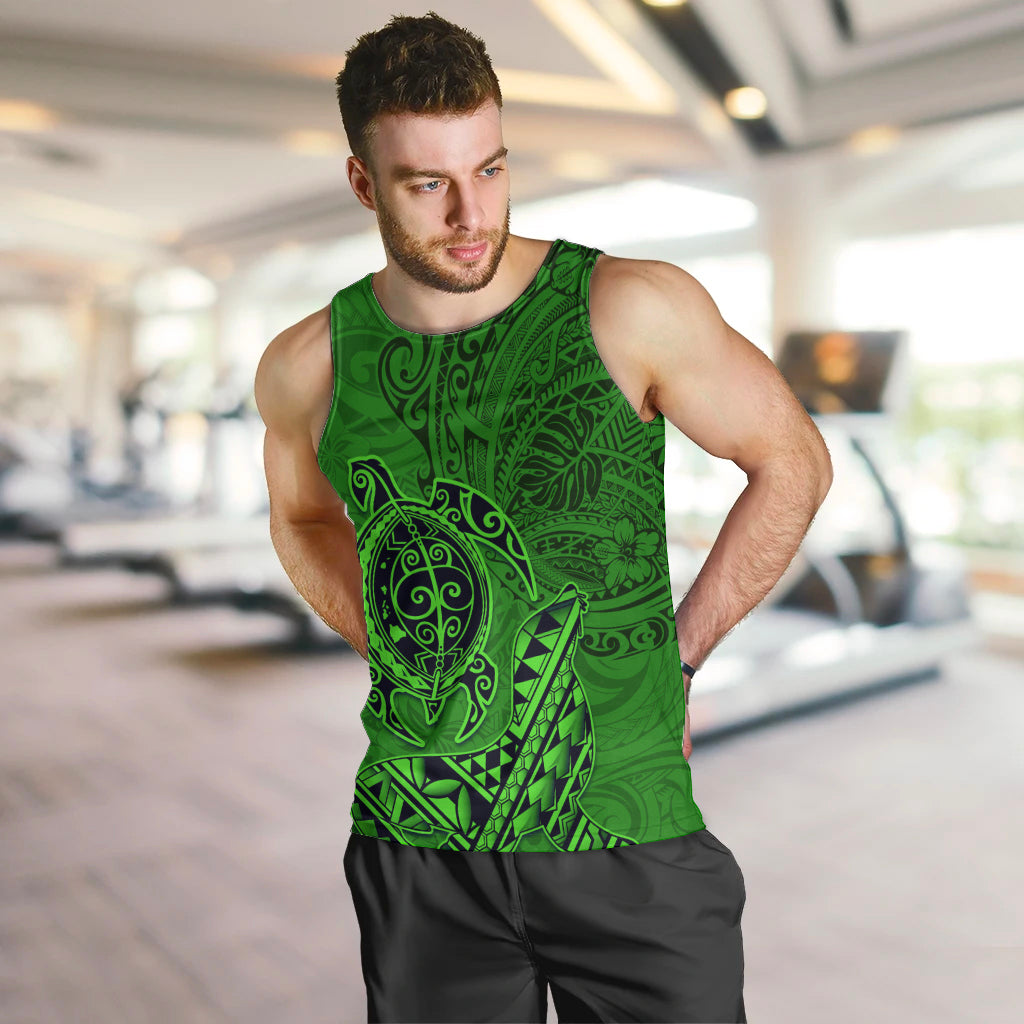 Hawaii Monk Seal and Dolphin Men Tank Top Polynesian Kakau Pattern Green