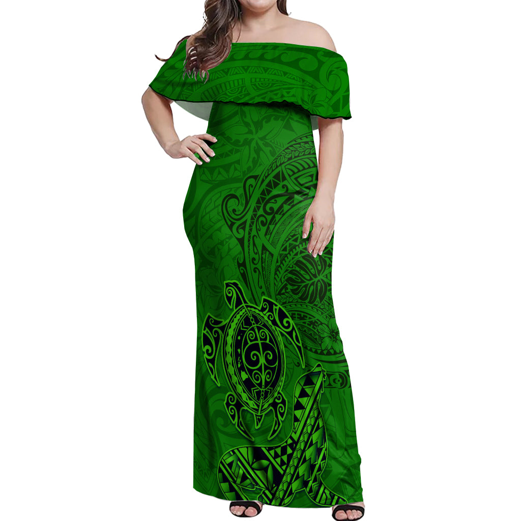 Hawaii Monk Seal and Dolphin Off Shoulder Maxi Dress Polynesian Kakau Pattern Green LT03 Women Green - Polynesian Pride