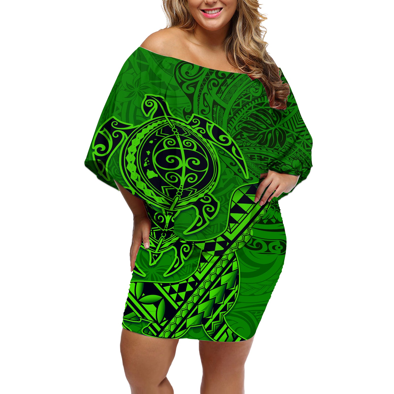 Hawaii Monk Seal and Dolphin Off Shoulder Short Dress Polynesian Kakau Pattern Green