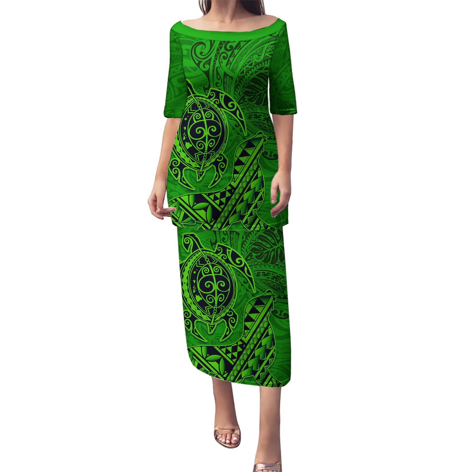 Hawaii Monk Seal and Dolphin Puletasi Polynesian Kakau Pattern Green LT03 Long Dress Green - Polynesian Pride