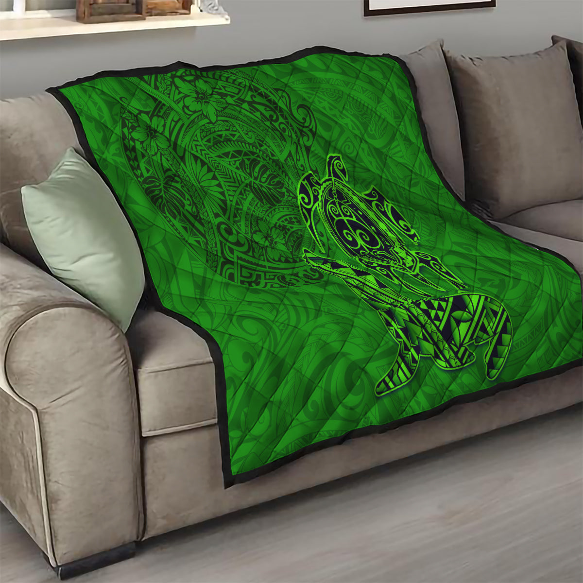 Hawaii Monk Seal and Dolphin Quilt Polynesian Kakau Pattern Green