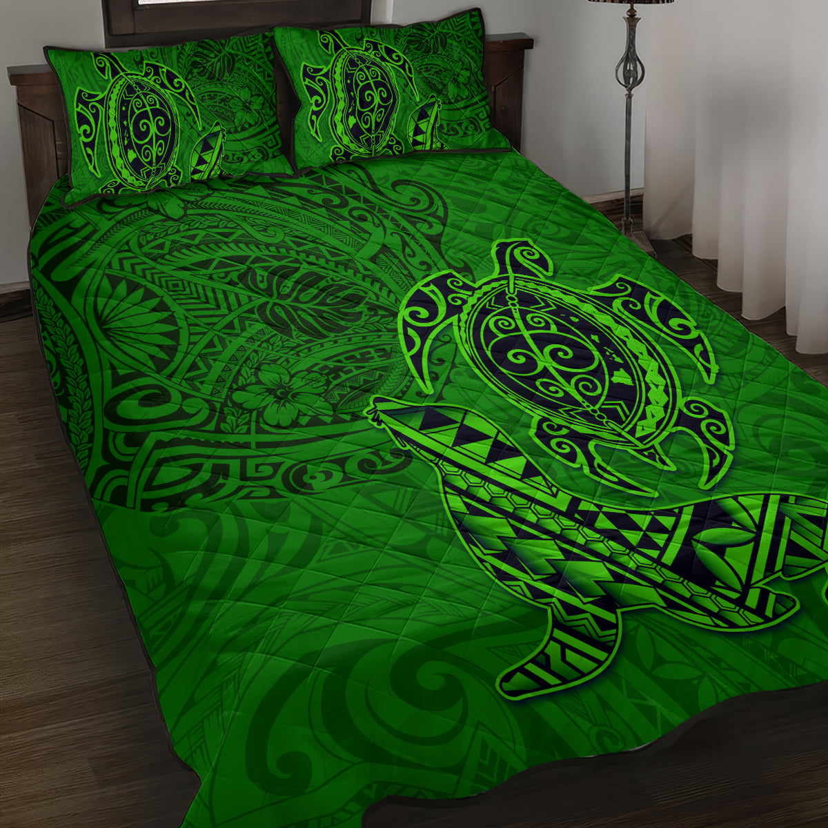 Hawaii Monk Seal and Dolphin Quilt Bed Set Polynesian Kakau Pattern Green LT03 Green - Polynesian Pride