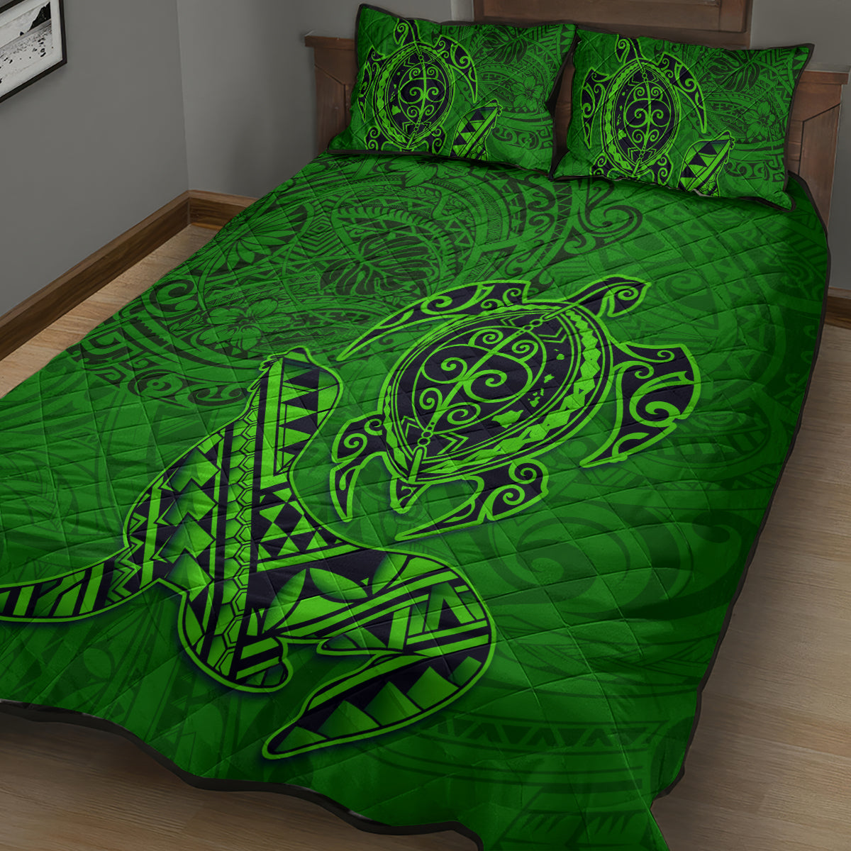 Hawaii Monk Seal and Dolphin Quilt Bed Set Polynesian Kakau Pattern Green LT03 - Polynesian Pride