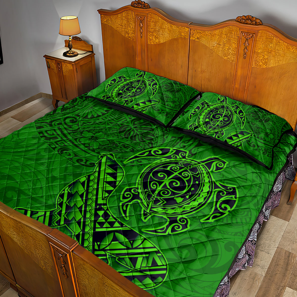 Hawaii Monk Seal and Dolphin Quilt Bed Set Polynesian Kakau Pattern Green LT03 - Polynesian Pride