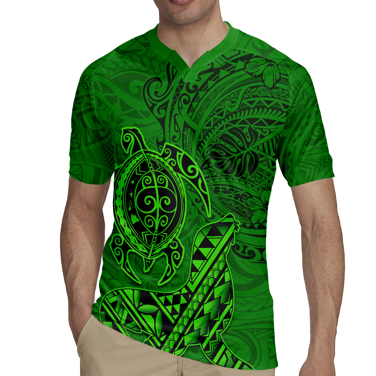Hawaii Monk Seal and Dolphin Rugby Jersey Polynesian Kakau Pattern Green LT03 - Polynesian Pride