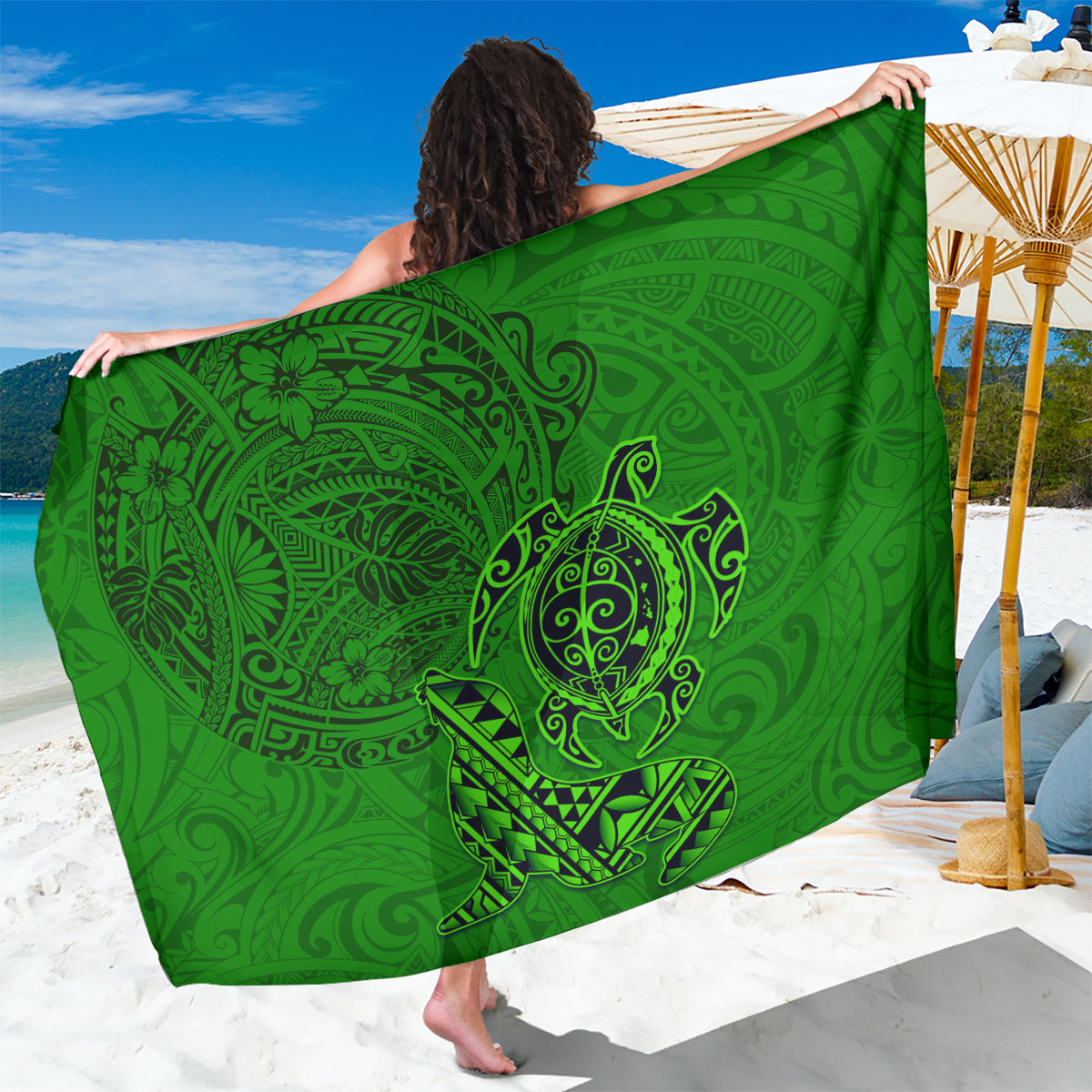 Hawaii Monk Seal and Dolphin Sarong Polynesian Kakau Pattern Green
