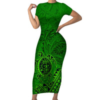 Hawaii Monk Seal and Dolphin Short Sleeve Bodycon Dress Polynesian Kakau Pattern Green