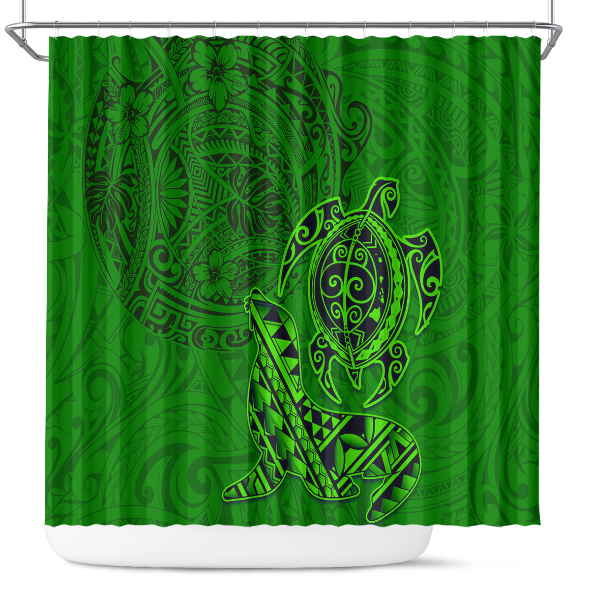 Hawaii Monk Seal and Dolphin Shower Curtain Polynesian Kakau Pattern Green