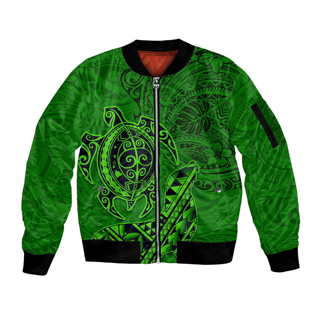 Hawaii Monk Seal and Dolphin Sleeve Zip Bomber Jacket Polynesian Kakau Pattern Green LT03 Unisex Green - Polynesian Pride