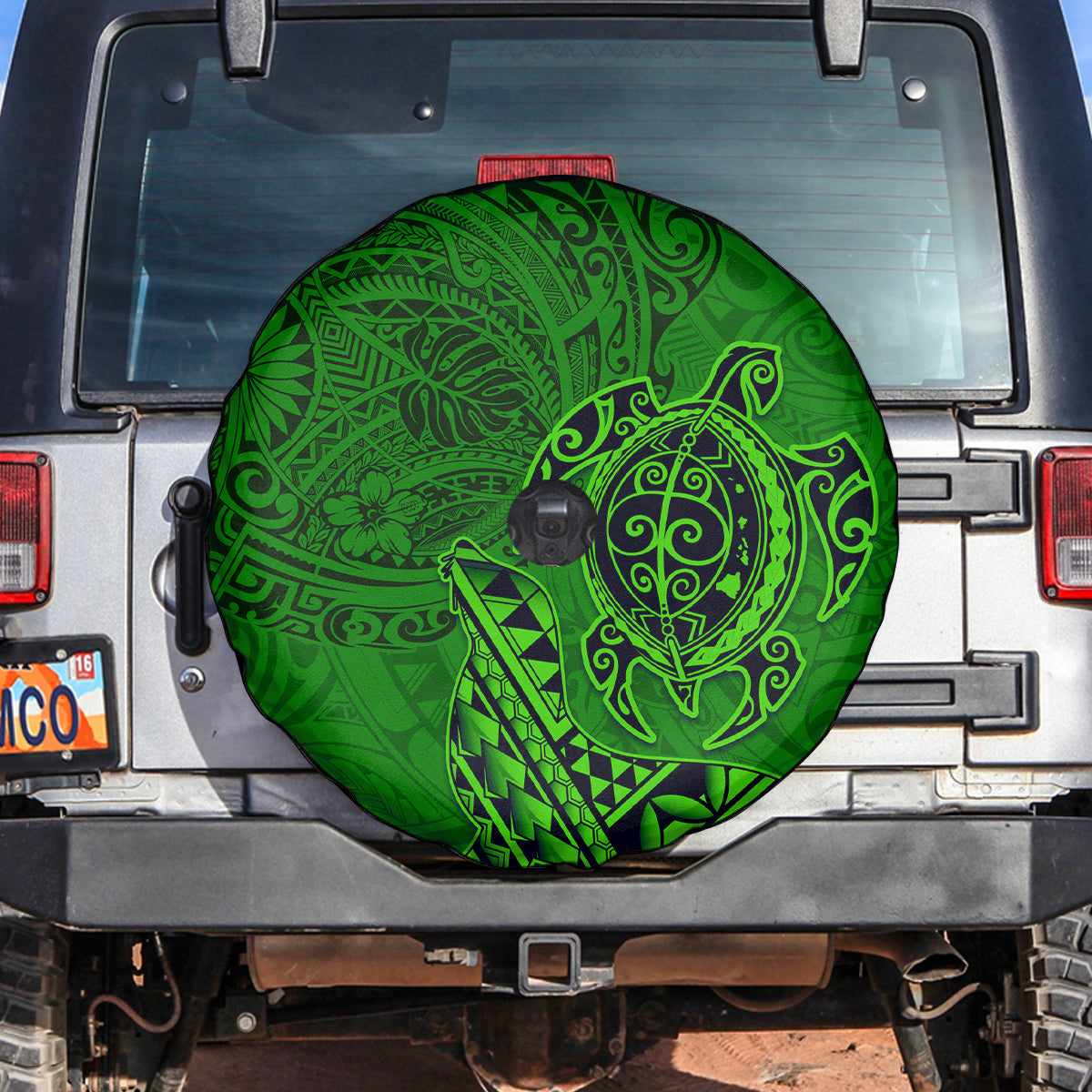 Hawaii Monk Seal and Dolphin Spare Tire Cover Polynesian Kakau Pattern Green LT03 Green - Polynesian Pride