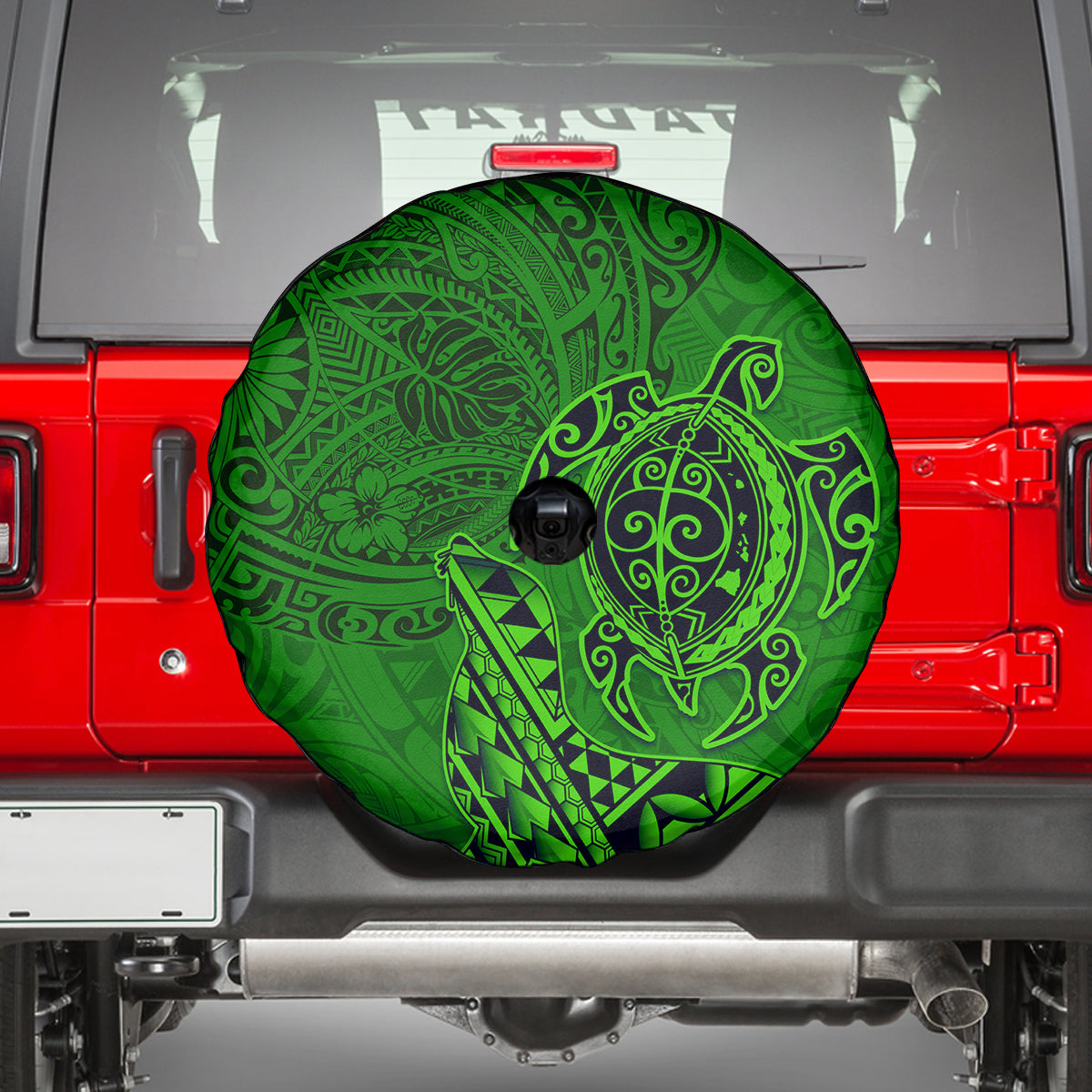 Hawaii Monk Seal and Dolphin Spare Tire Cover Polynesian Kakau Pattern Green LT03 - Polynesian Pride