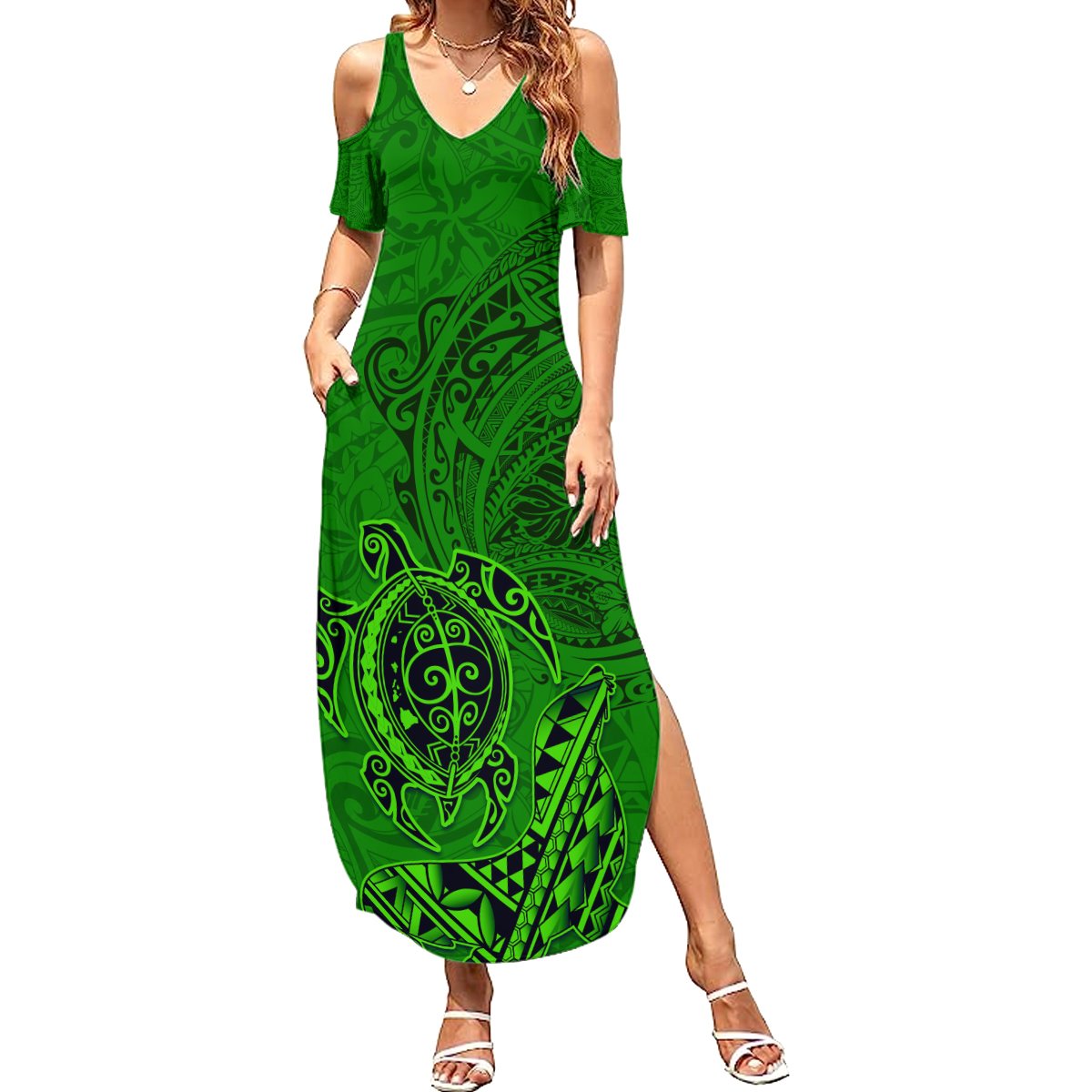 Hawaii Monk Seal and Dolphin Summer Maxi Dress Polynesian Kakau Pattern Green LT03 Women Green - Polynesian Pride