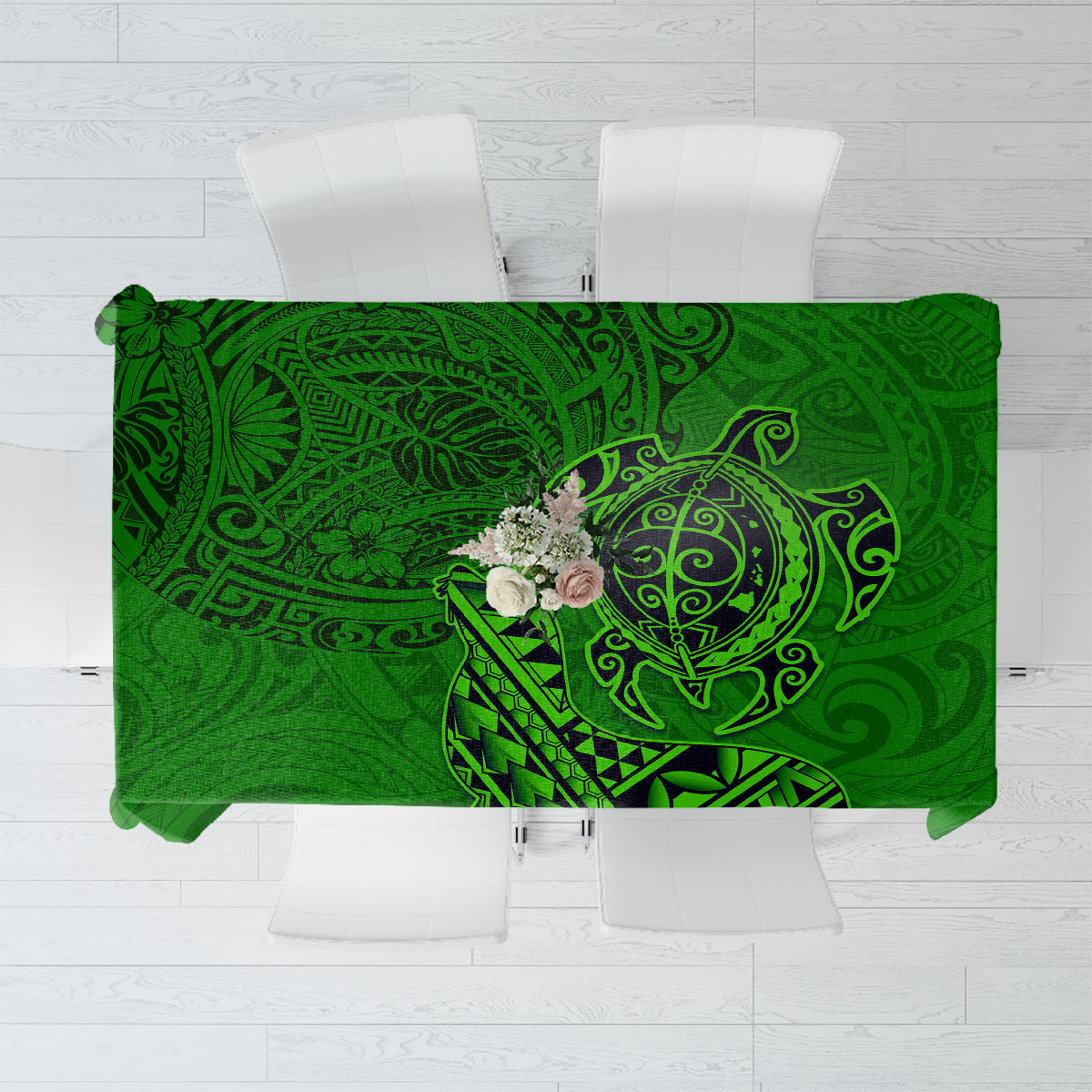 Hawaii Monk Seal and Dolphin Tablecloth Polynesian Kakau Pattern Green LT03 Green - Polynesian Pride