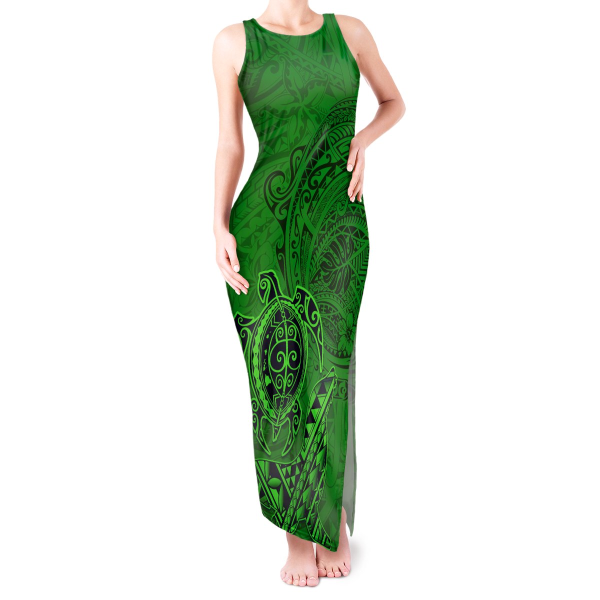 Hawaii Monk Seal and Dolphin Tank Maxi Dress Polynesian Kakau Pattern Green LT03 Women Green - Polynesian Pride