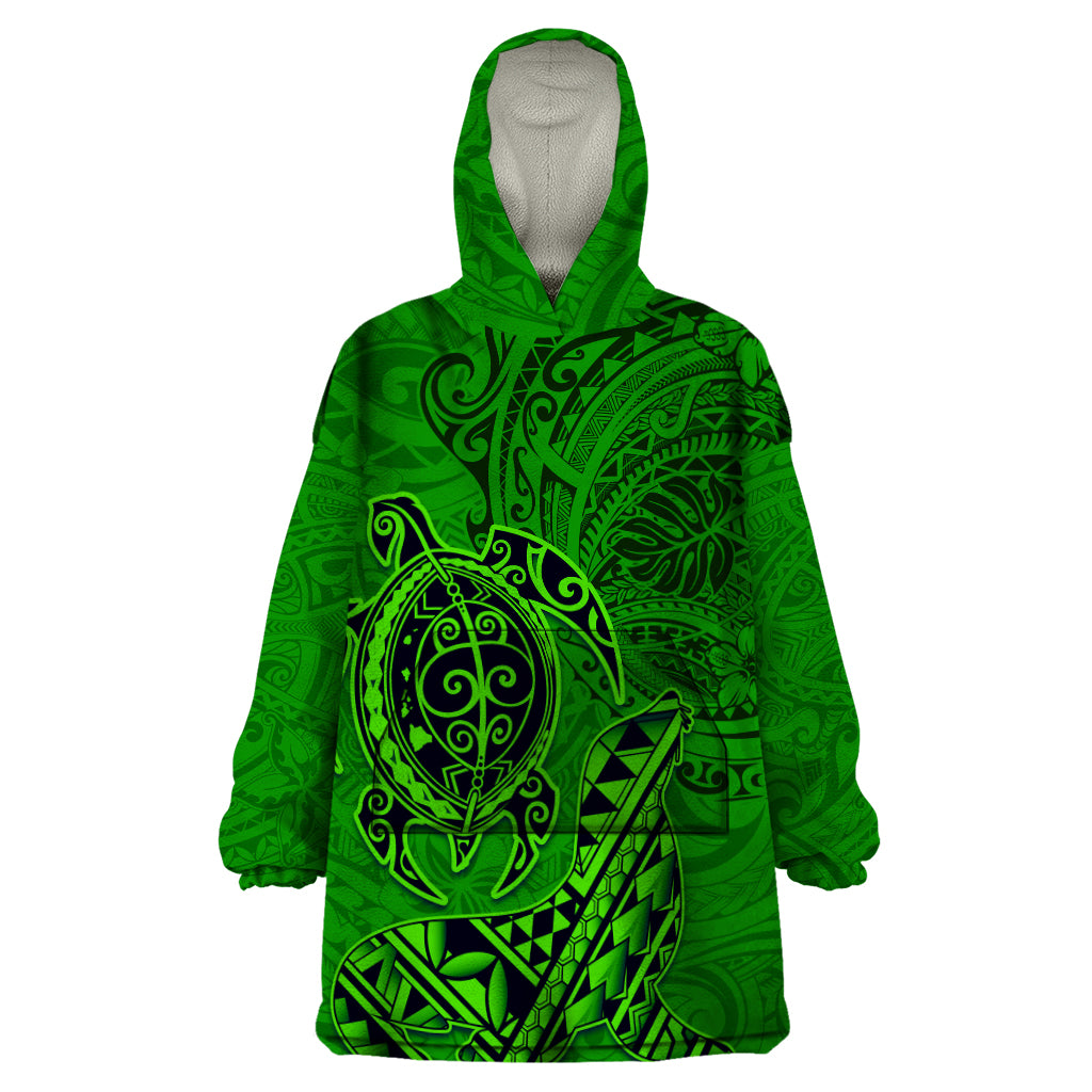 Hawaii Monk Seal and Dolphin Wearable Blanket Hoodie Polynesian Kakau Pattern Green