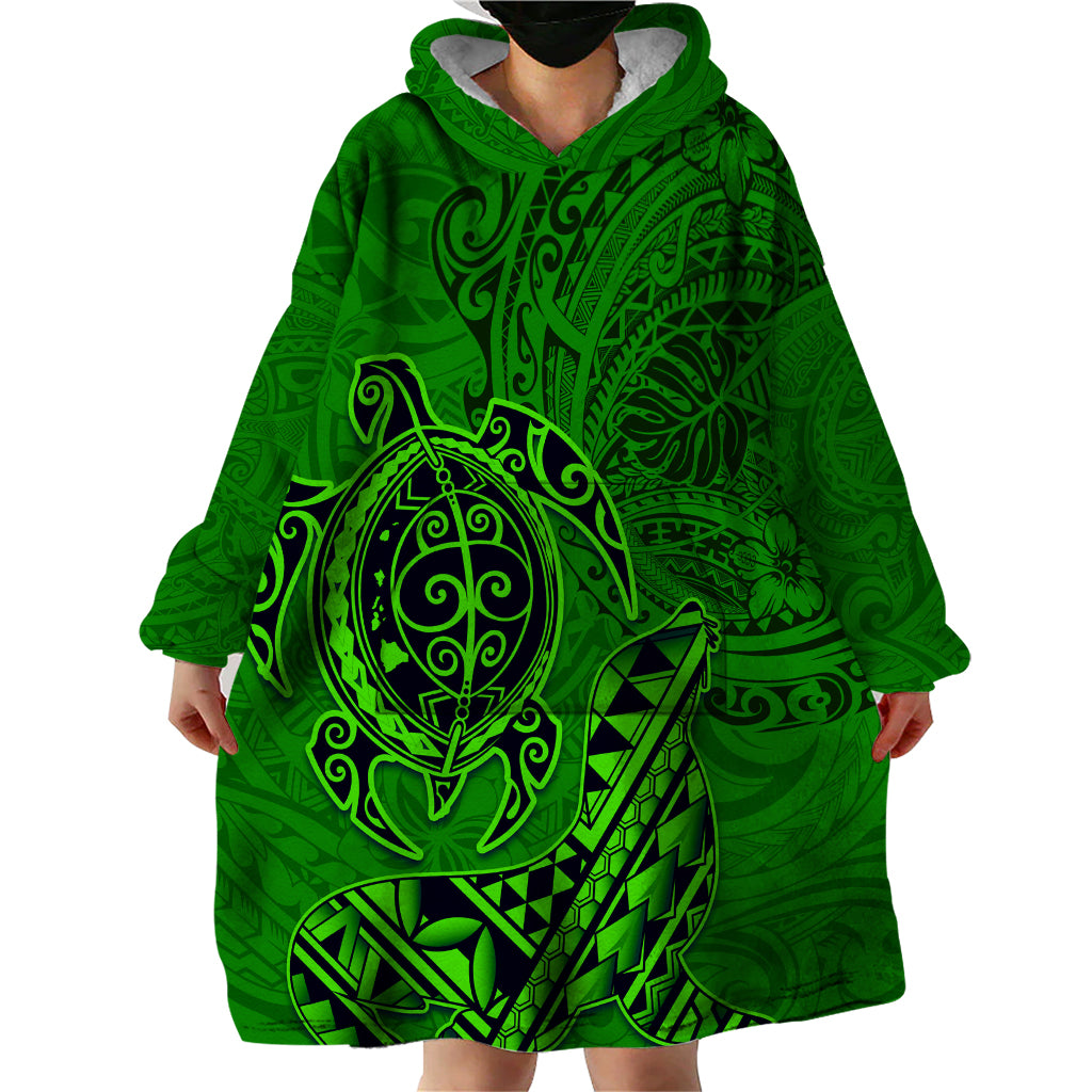 Hawaii Monk Seal and Dolphin Wearable Blanket Hoodie Polynesian Kakau Pattern Green LT03 - Polynesian Pride