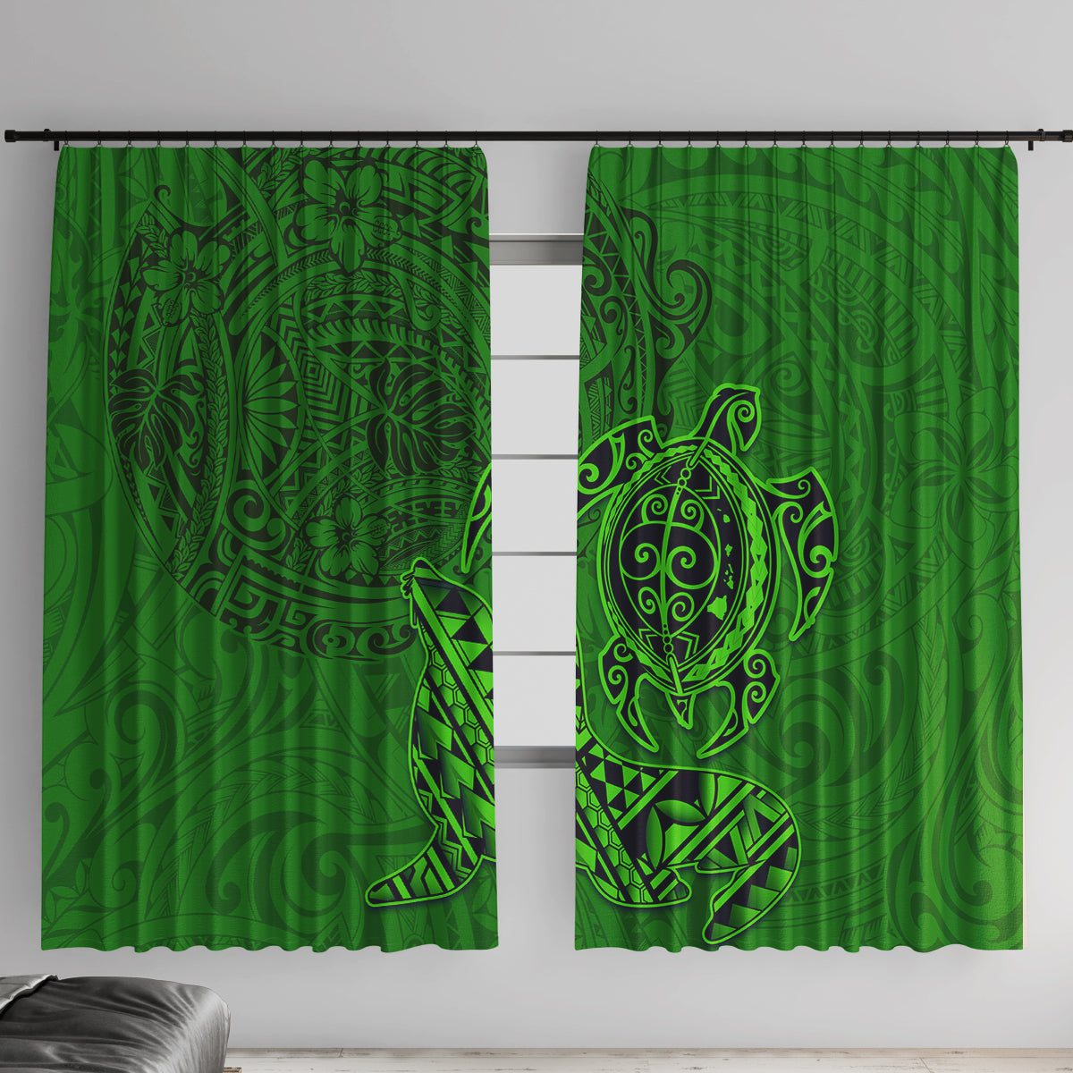 Hawaii Monk Seal and Dolphin Window Curtain Polynesian Kakau Pattern Green LT03 With Hooks Green - Polynesian Pride
