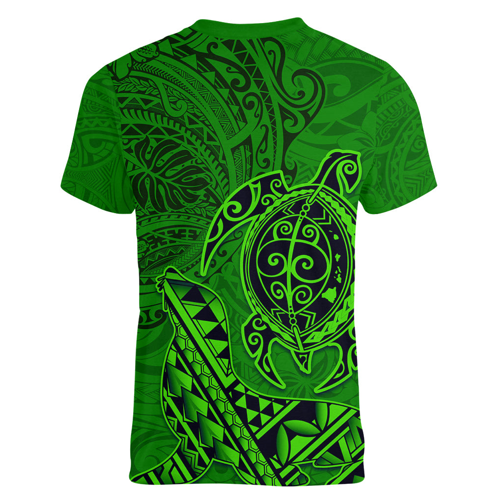 Hawaii Monk Seal and Dolphin Women V-Neck T-Shirt Polynesian Kakau Pattern Green