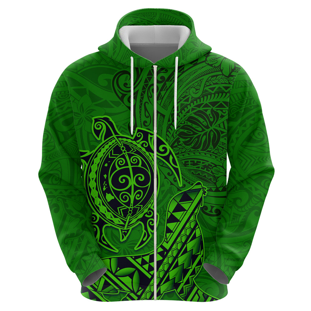 Hawaii Monk Seal and Dolphin Zip Hoodie Polynesian Kakau Pattern Green