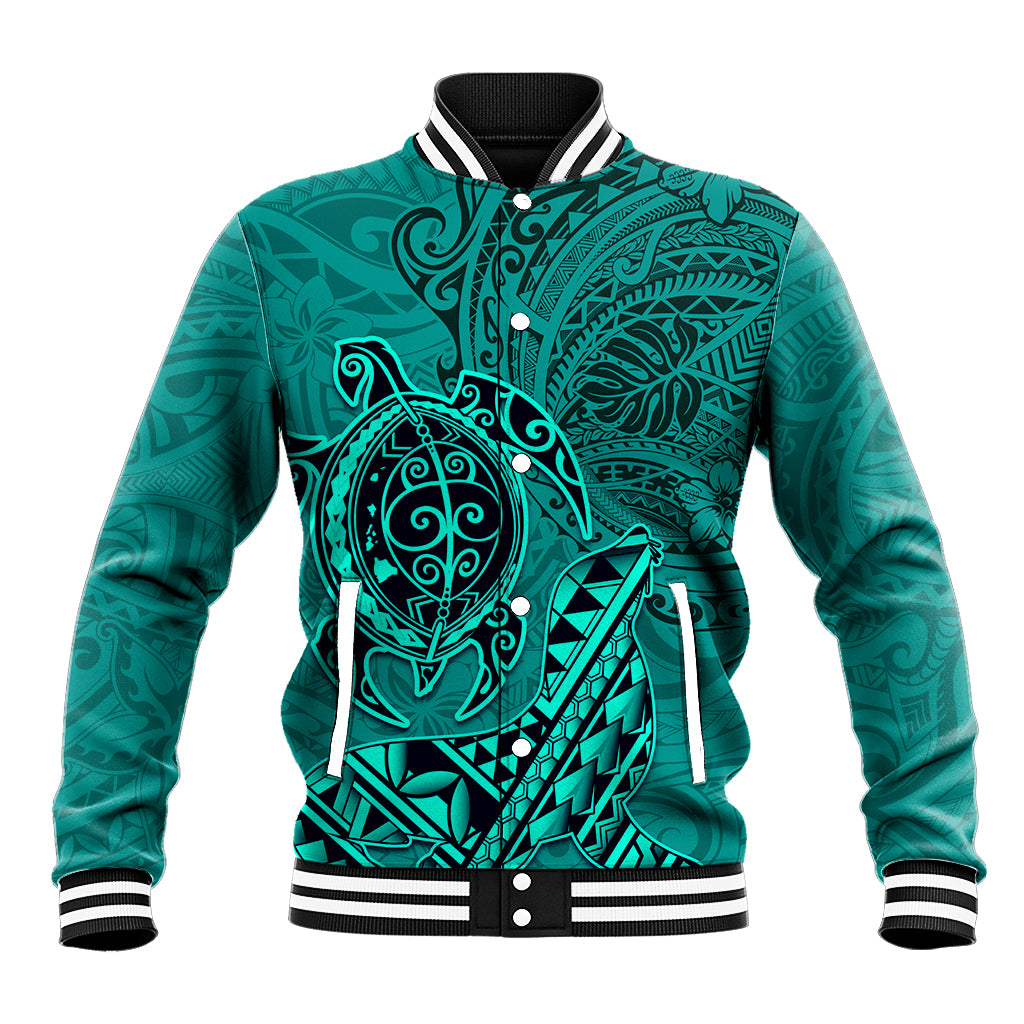 Hawaii Monk Seal and Dolphin Baseball Jacket Polynesian Kakau Pattern Turquoise LT03 Unisex Turquoise - Polynesian Pride