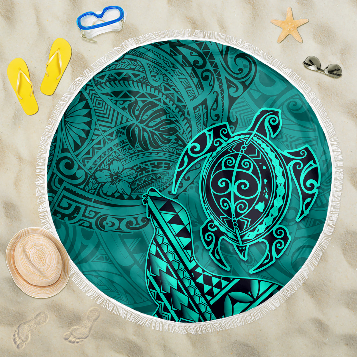 Hawaii Monk Seal and Dolphin Beach Blanket Polynesian Kakau Pattern Turquoise LT03 One Size 150cm Turquoise - Polynesian Pride