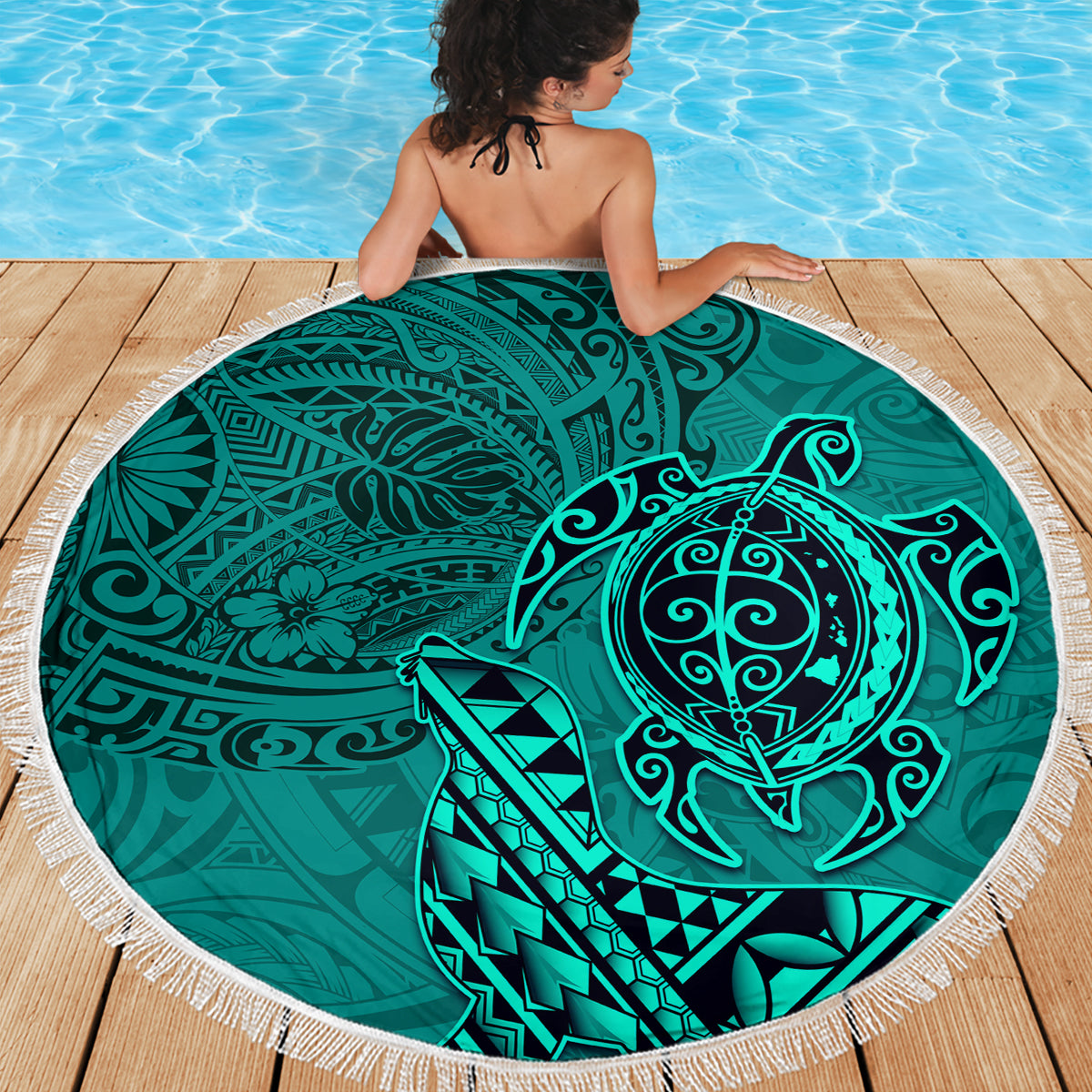 Hawaii Monk Seal and Dolphin Beach Blanket Polynesian Kakau Pattern Turquoise LT03 - Polynesian Pride