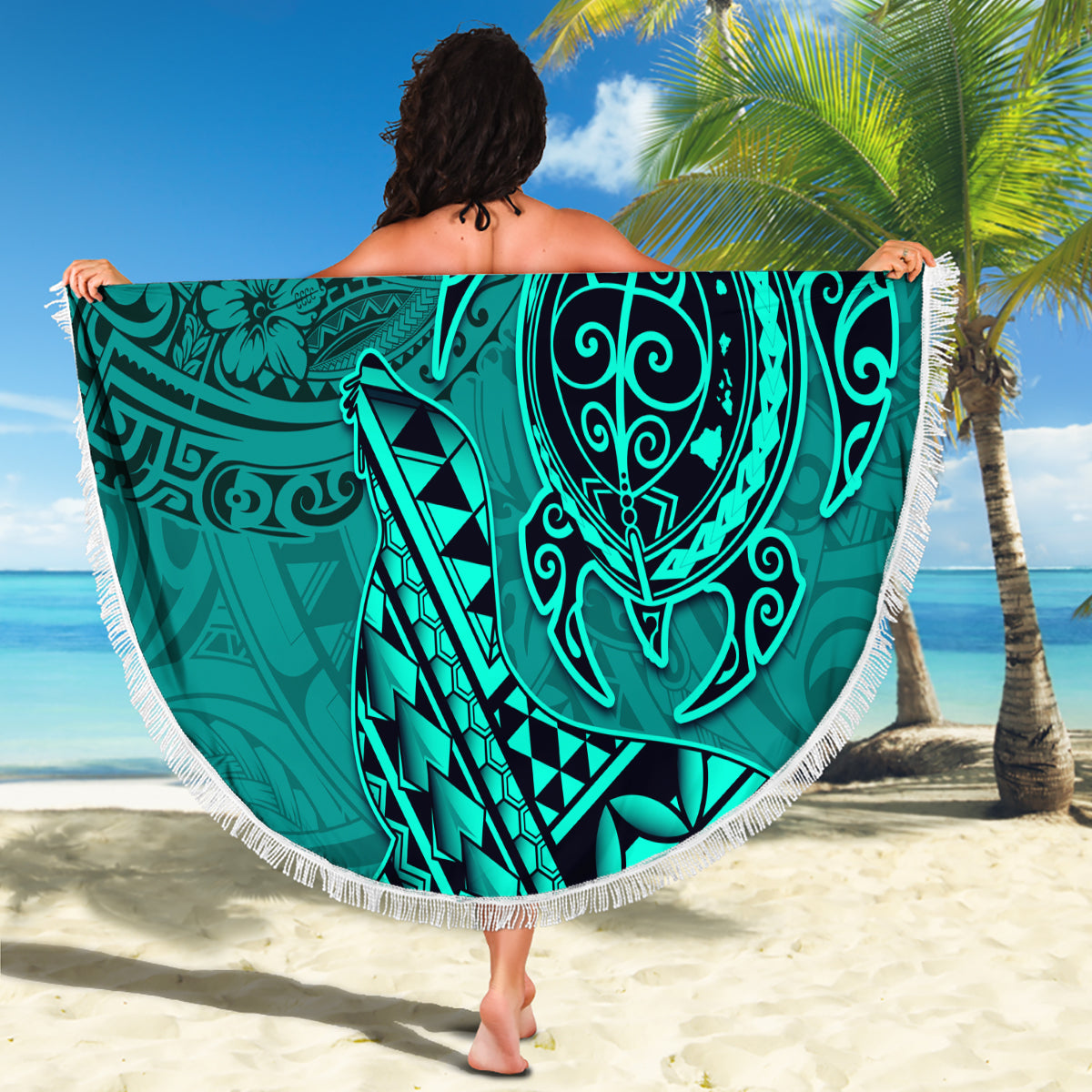 Hawaii Monk Seal and Dolphin Beach Blanket Polynesian Kakau Pattern Turquoise LT03 - Polynesian Pride