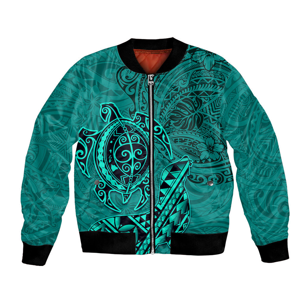 Hawaii Monk Seal and Dolphin Bomber Jacket Polynesian Kakau Pattern Turquoise LT03 Unisex Turquoise - Polynesian Pride