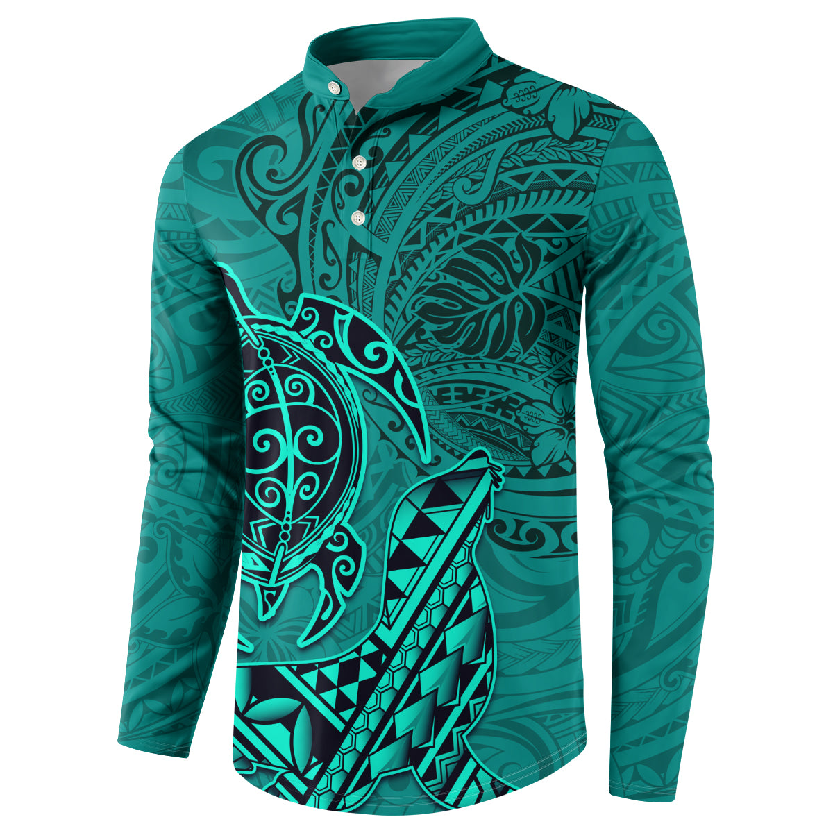 Hawaii Monk Seal and Dolphin Button Sweatshirt Polynesian Kakau Pattern Turquoise LT03 - Polynesian Pride