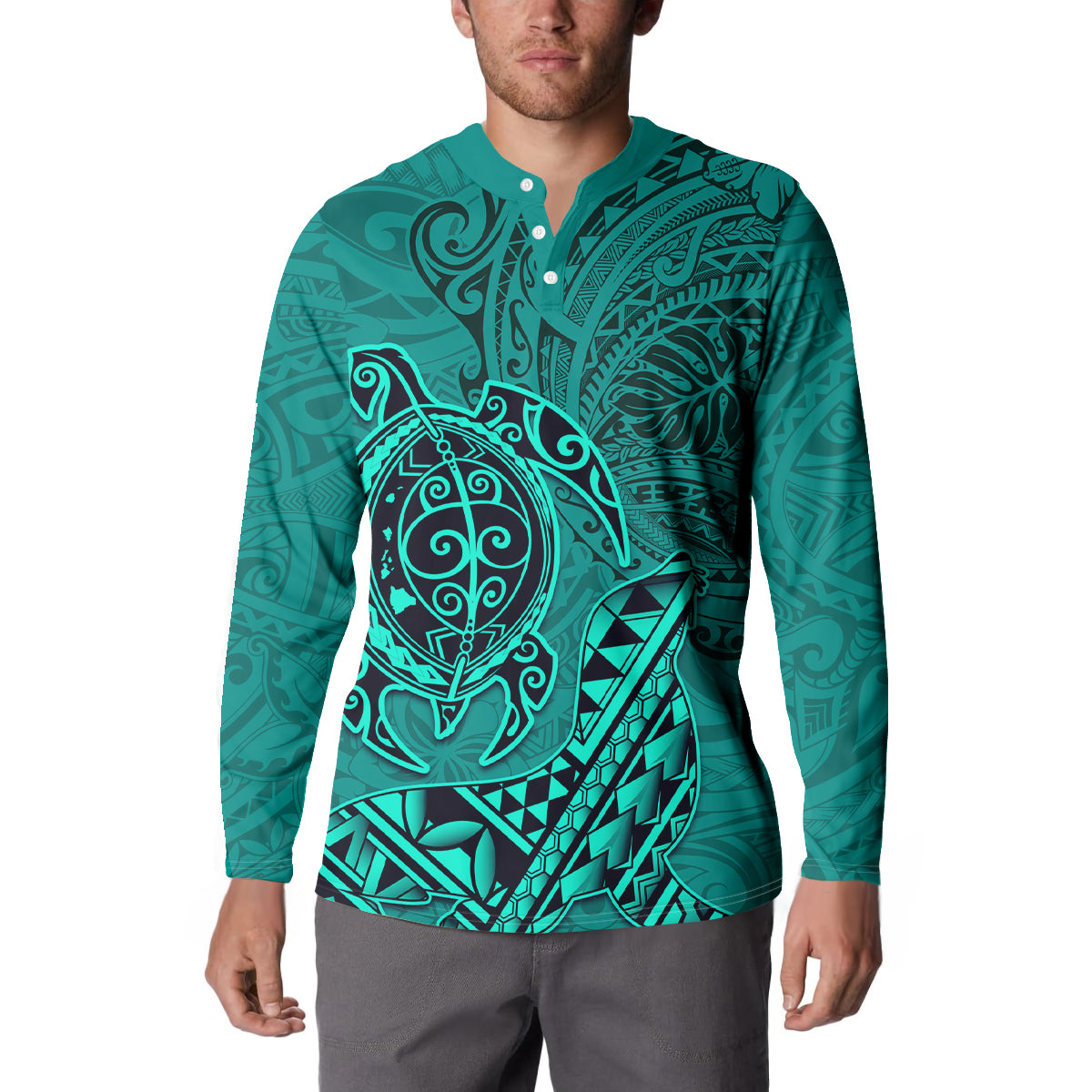 Hawaii Monk Seal and Dolphin Button Sweatshirt Polynesian Kakau Pattern Turquoise LT03 - Polynesian Pride