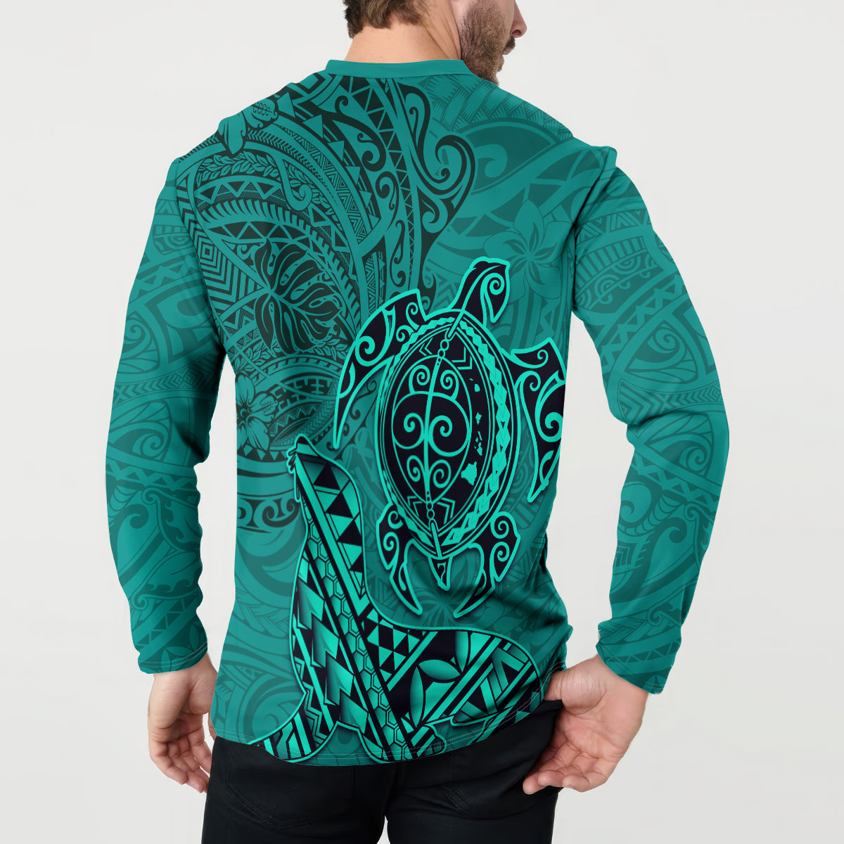 Hawaii Monk Seal and Dolphin Button Sweatshirt Polynesian Kakau Pattern Turquoise LT03 - Polynesian Pride