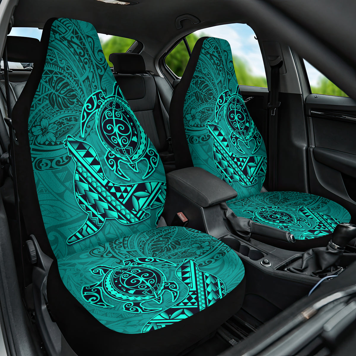 Hawaii Monk Seal and Dolphin Car Seat Cover Polynesian Kakau Pattern Turquoise