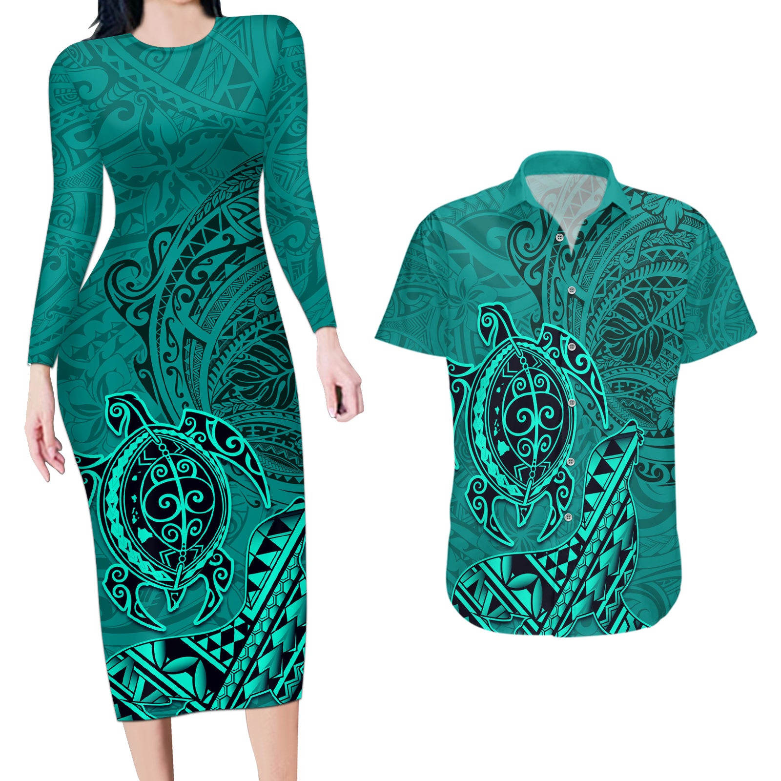 Hawaii Monk Seal and Dolphin Couples Matching Long Sleeve Bodycon Dress and Hawaiian Shirt Polynesian Kakau Pattern Turquoise LT03 Turquoise - Polynesian Pride