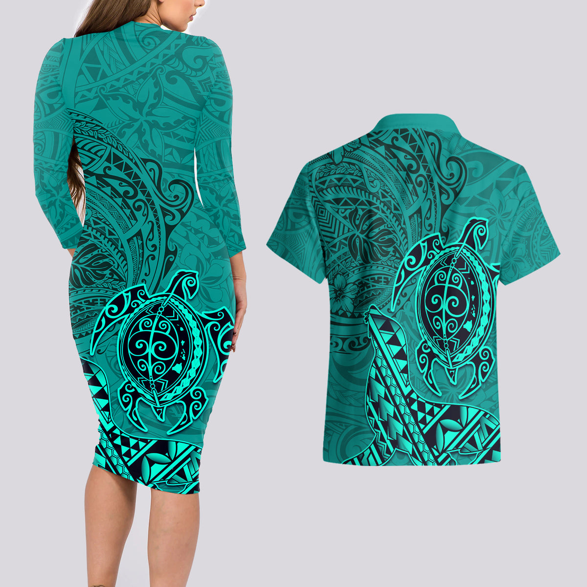 Hawaii Monk Seal and Dolphin Couples Matching Long Sleeve Bodycon Dress and Hawaiian Shirt Polynesian Kakau Pattern Turquoise LT03 - Polynesian Pride