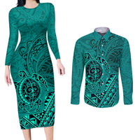 Hawaii Monk Seal and Dolphin Couples Matching Long Sleeve Bodycon Dress and Long Sleeve Button Shirt Polynesian Kakau Pattern Turquoise LT03 Turquoise - Polynesian Pride