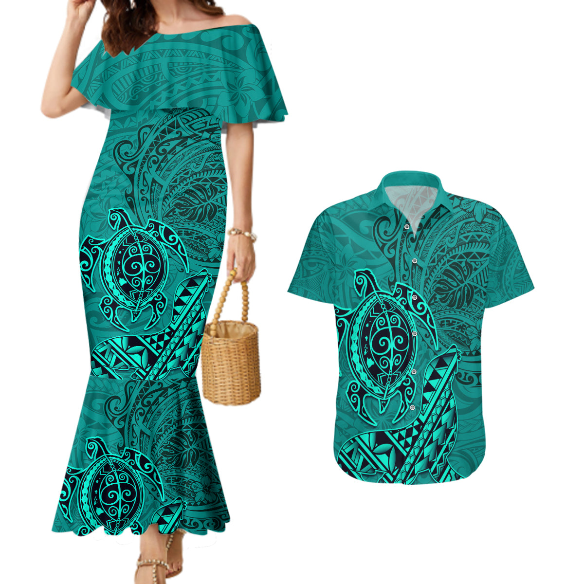 Hawaii Monk Seal and Dolphin Couples Matching Mermaid Dress and Hawaiian Shirt Polynesian Kakau Pattern Turquoise