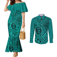 Hawaii Monk Seal and Dolphin Couples Matching Mermaid Dress and Long Sleeve Button Shirt Polynesian Kakau Pattern Turquoise
