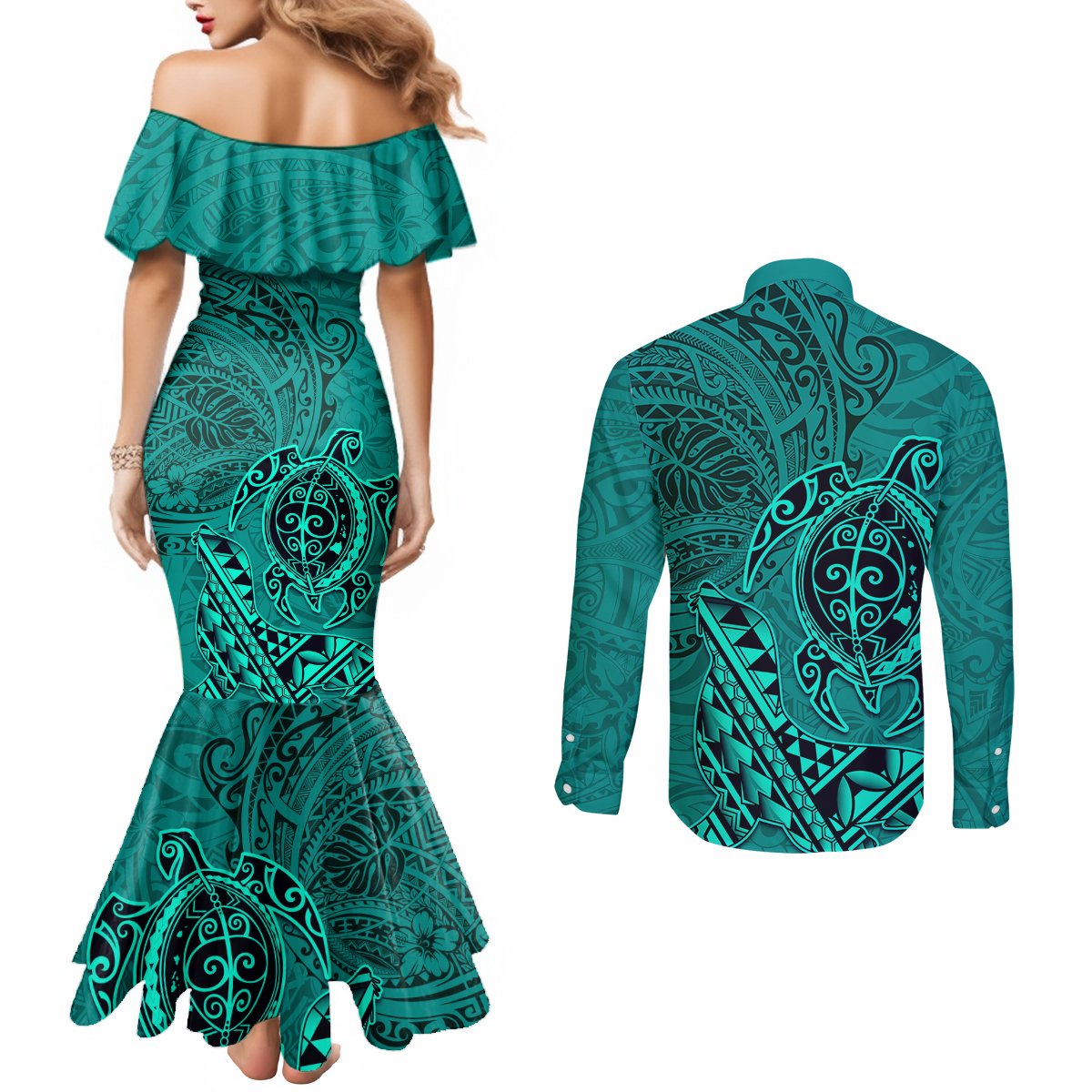 Hawaii Monk Seal and Dolphin Couples Matching Mermaid Dress and Long Sleeve Button Shirt Polynesian Kakau Pattern Turquoise