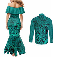 Hawaii Monk Seal and Dolphin Couples Matching Mermaid Dress and Long Sleeve Button Shirt Polynesian Kakau Pattern Turquoise