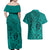 Hawaii Monk Seal and Dolphin Couples Matching Off Shoulder Maxi Dress and Hawaiian Shirt Polynesian Kakau Pattern Turquoise