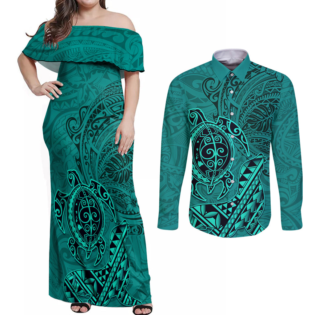 Hawaii Monk Seal and Dolphin Couples Matching Off Shoulder Maxi Dress and Long Sleeve Button Shirt Polynesian Kakau Pattern Turquoise LT03 Turquoise - Polynesian Pride